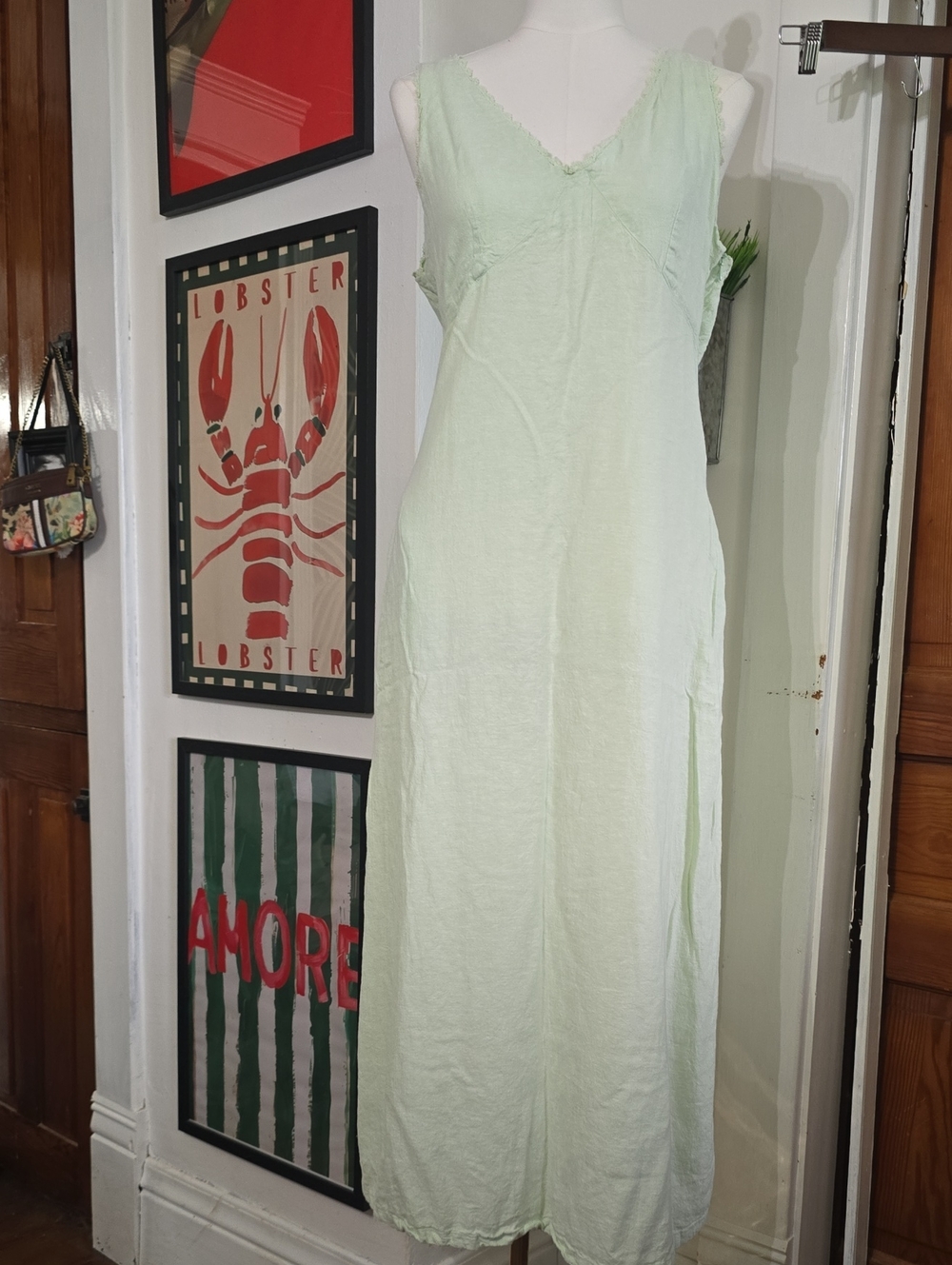 Vintage Laura Ashley Linen Light Mint Green Sleeveless V-Neck Women's Dress
